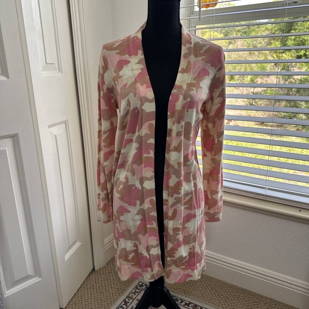 Isaac Mizrahi Live! Open Front Pink Camo Lightweight Sweater Cardigan Sz XS